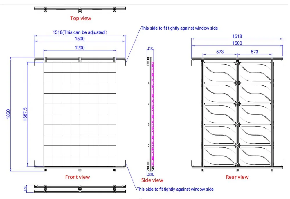 Engineering drawing of a window display with front, side and rear views