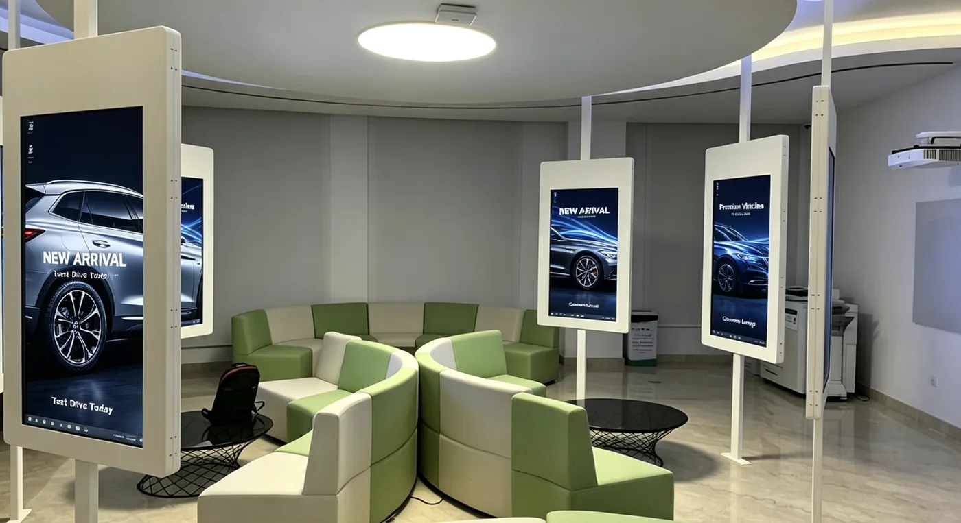 Double-sided hanging LCD screens rotating above a car showroom lounge
