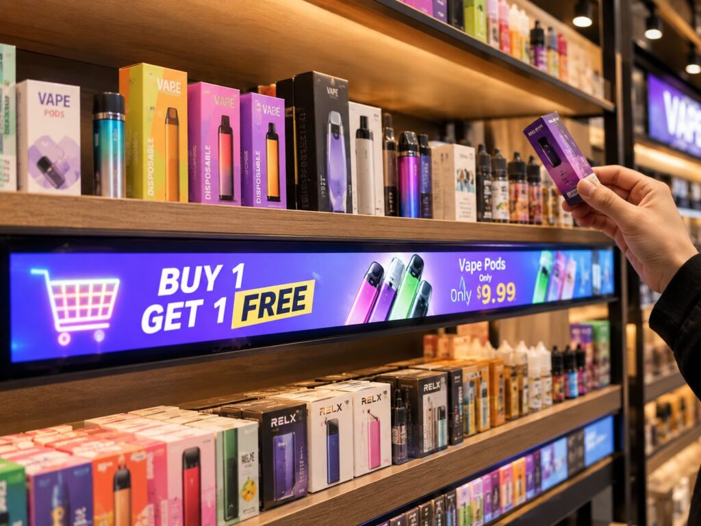 Shelf edge LCD strip showing a buy-one-get-one vape promotion in a retail store