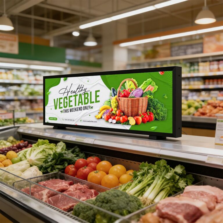 Ultra-wide stretch display showing a fresh-produce promotion above a supermarket counter