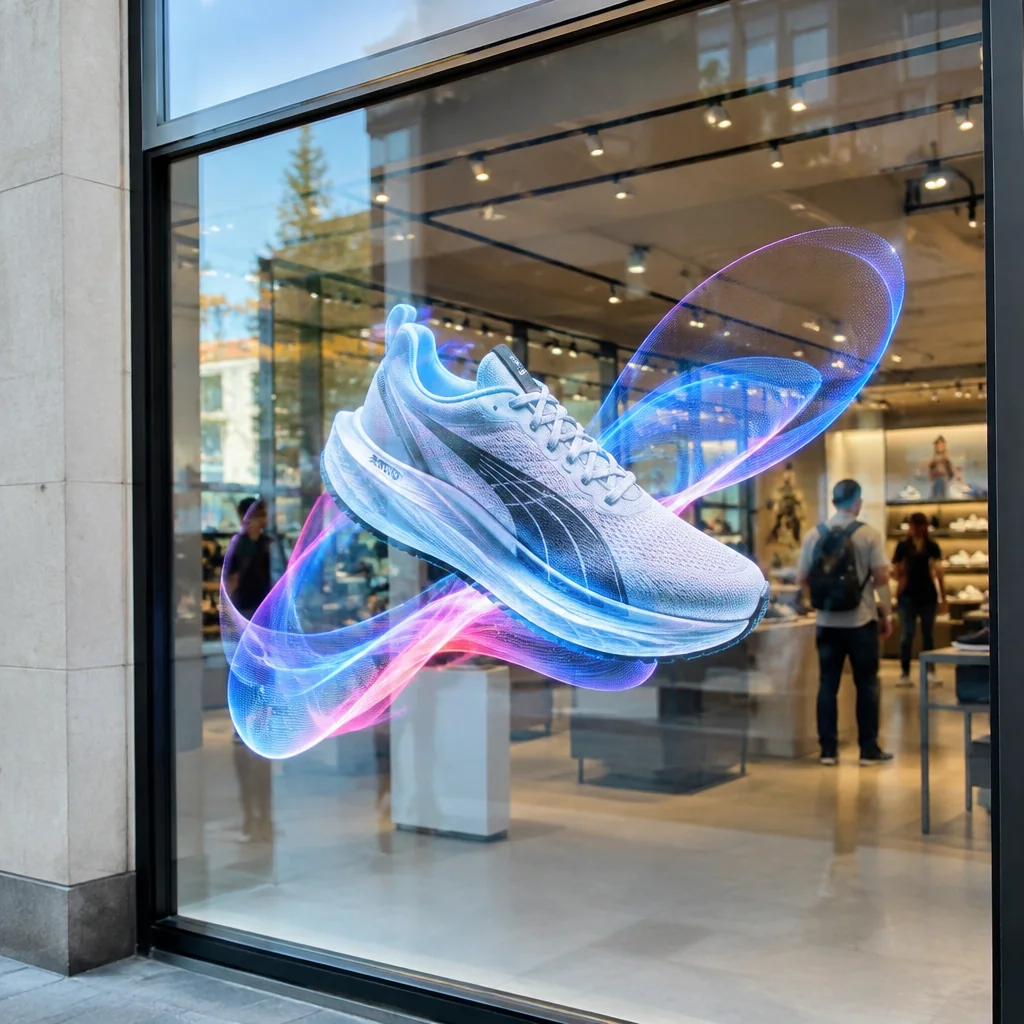 Transparent LED mesh screen glowing on a storefront window at dusk with the shop interior visible behind the glass